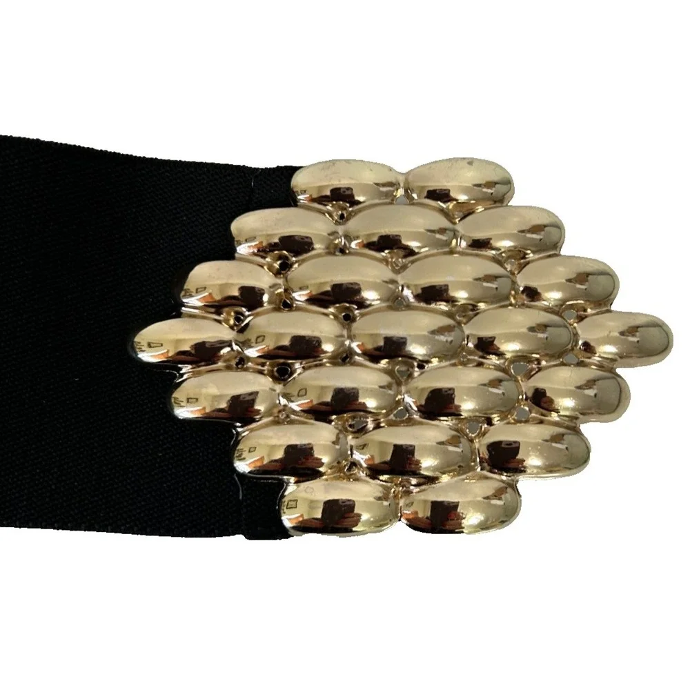Vintage 80s Black Wide Elastic Waist Belt L Retro Glam Gold Basketweave Buckle